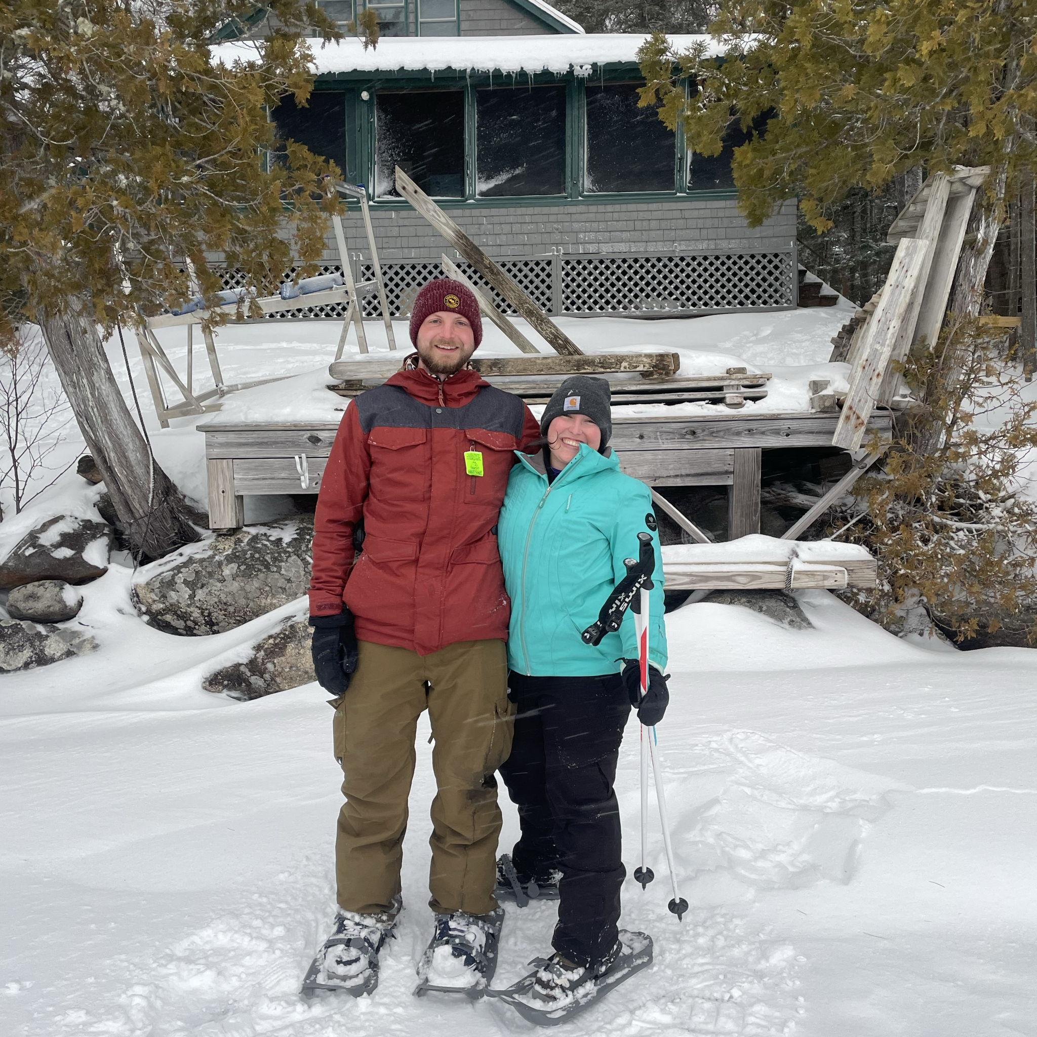 Gabe & Alyssa standing on the frozen lake in front of The Bateman's house at Pleasant Pond, Maine.
January 2023