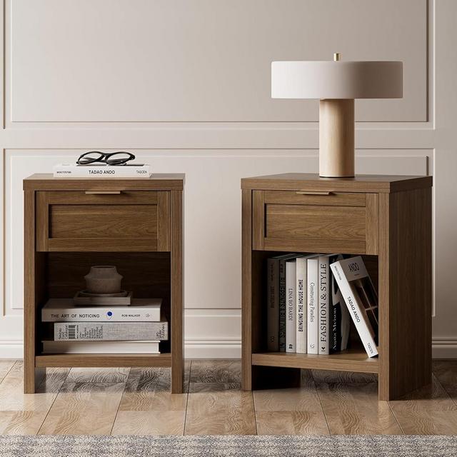 Walsham Natural Nightstands Set 2, Boho Bed Side Table for Living Room, Minimalist Night Stand with Drawer and Storage Shelf - Farmhouse End Tables for Bedroom (Special Walnut, 2 Set)