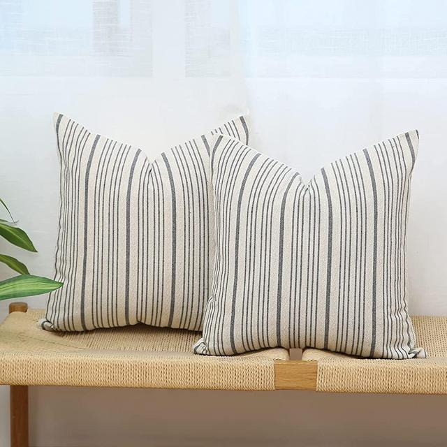 Kiuree Grey and Cream Farmhouse Throw Pillow Covers 18 x 18, Modern Accent Square Decorative Pillow Case, Set of 2 Stripes Textured Linen Throw Pillow Case for Sofa Couch Chair Bedroom(Grey)