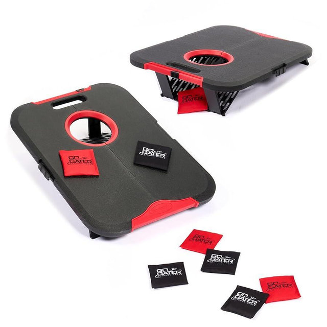 EastPoint Cornhole Board Set - 2 Boards & 8 Bags, Black/Red, 24x18in - Folds Flat for Beach & Camping Accessories - Lightweight Handles for Outdoor Games - Smooth Slide for Bean Bag Toss & Yard Games