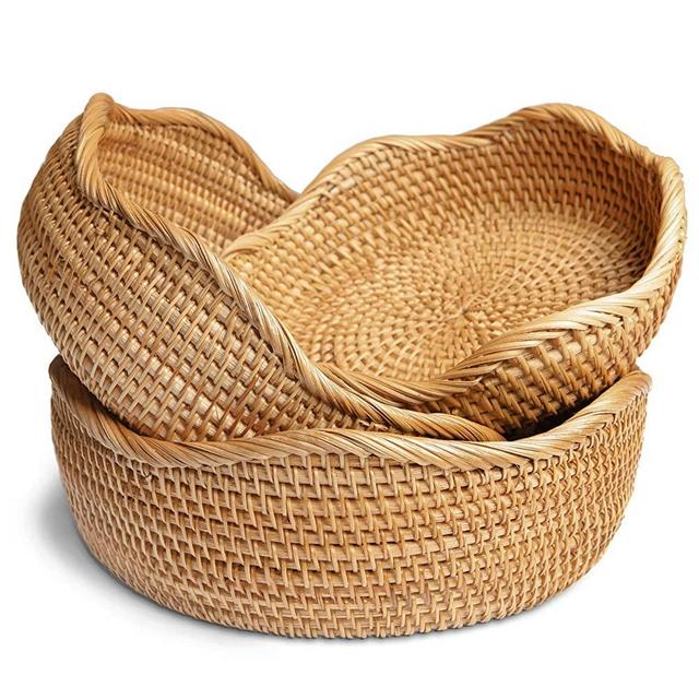 HITOMEN Handmade Rattan Bread Baskets Round Wicker Fruit Basket for Serving (Honey Brown) Set of 3