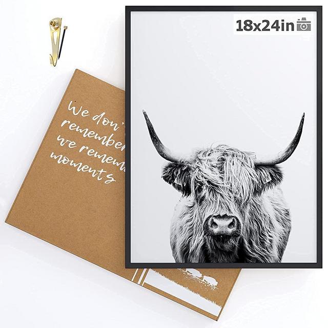 Homeforia 18x24 inch Black Metal Picture Frame - Grey Aluminum 18 x 24 Picture Frames For Wall - 18 by 24 Poster Photo Frame - Tempered Glass - Wall Hook Included - Set of 1