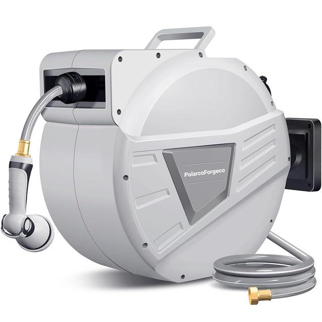Retractable Garden Hose Reel 65ft: PolarcoForgeco 1/2 Inch x 65 ft Wall Mounted Hose Reel with 10- Function Sprayer Nozzle, Any Length Lock/Slow Return System/Wall Mounted/180° Swivel Bracket