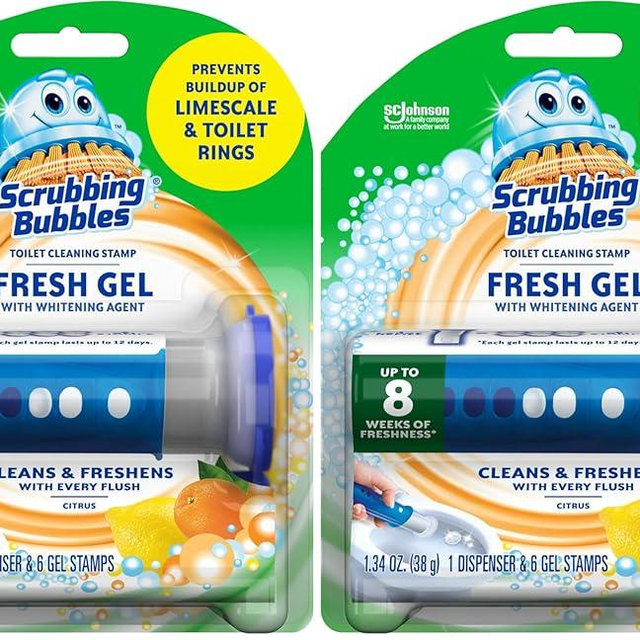 Scrubbing Bubbles Fresh Gel Toilet Bowl Cleaning Stamps, Helps Keep Toilet Clean and Helps Prevent Limescale & Rings, Citrus Scent, 1 Dispenser with 6 Fresh Gel Stamps (Pack of 2)