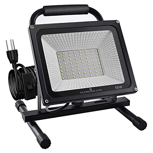 GLORIOUS-LITE 50W LED Work Light, 5000LM Super Bright Flood Lights, 400W Equivalent, IP66 Waterproof, 16ft/5m Cord with Plug, 6500K, Adjustable Working Lights for Workshop, Garage, Construction Site