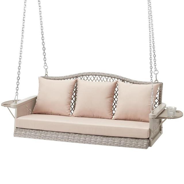 ZZW Upgraded Wicker Hanging Porch Swing, Heavy Duty 900 LBS 3-Seat Outdoor Patio Swing Chair Bench for Adult, w/ 8.9ft Hanging Chains, Cushions and Cup Holder
