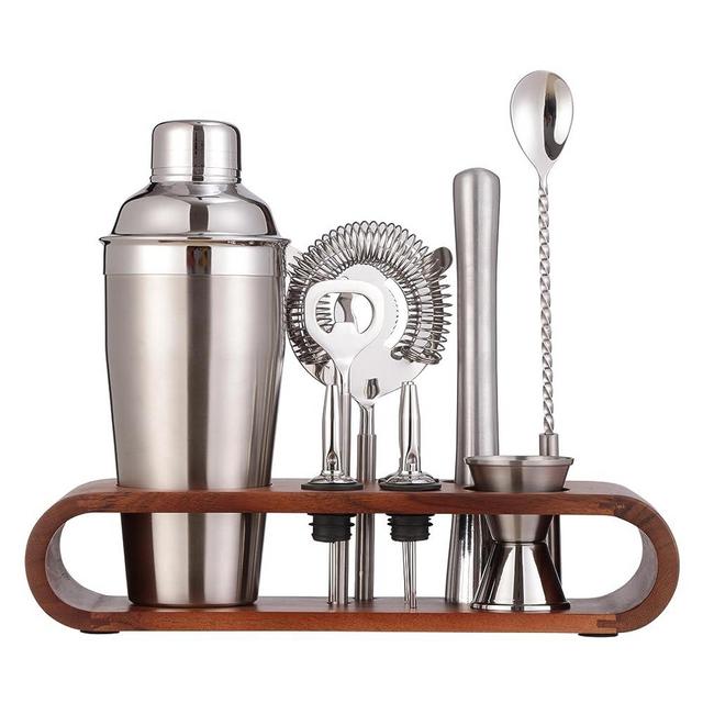BIRDROCK HOME 10 Piece Bartender Kit with Wood Stand | Acacia | Professional Grade Stainless Steel Cocktail Set | Home Bar Tools | Gifts for Him | Shaker Bottle Opener