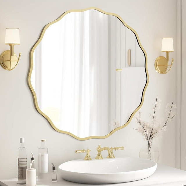 WallBeyond Round Wavy Mirror for Wall Decorative 28 inch, Modern Round Mirror Aluminum Frame Circle Wall Mirror for Bathroom Bedroom Living Room Home House Office Entryway, Gold