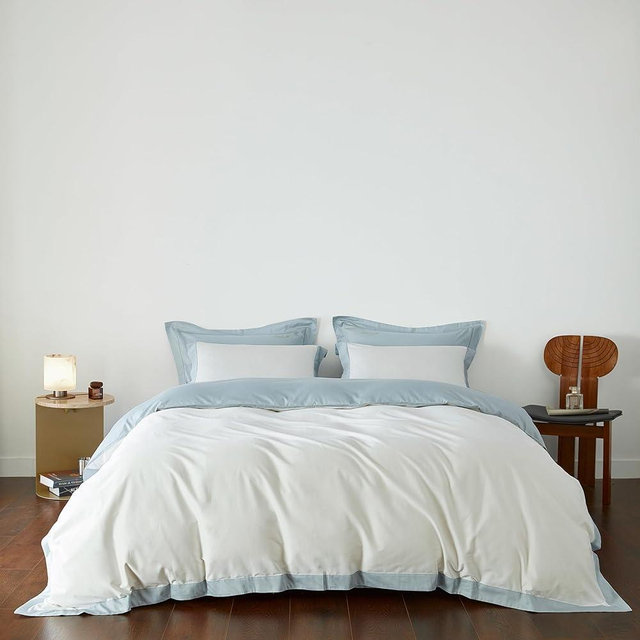 YuHeGuoJi Blue and White Duvet Cover King 100% Egyptian Cotton Light Blue Hemmed Duvet Cover 3 Pcs Set 1 Baby Blue White Duvet Cover with Zipper Ties 2 Pillow Shams Double Solid Color Bedding Set Soft