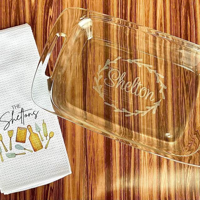 Custom Baking Dish Kitchen Towel Gift Set, Custom Bakeware, Custom Dish Towel, Gift set for Newlyweds, Gift set for Housewarming, Tea Towel