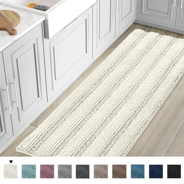 Striped Luxury Chenille Bathroom Rug Mat Runner Oversized 59x20 Inch Extra Soft and Absorbent Shaggy Rugs Dry Extra Long Plush Carpet for Bathroom/Kitchen Machine Washable, Ivory