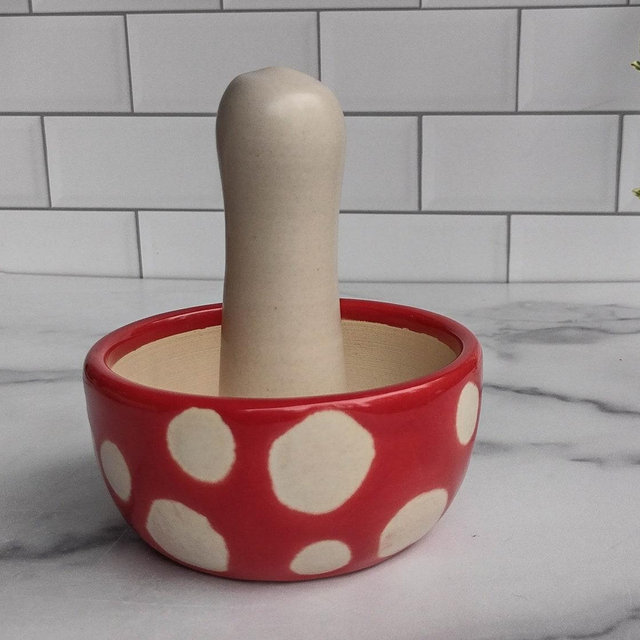 Mortar and Pestle - Mushroom Themed Glaze with Red and White Spots - Handmade Stoneware Ceramic, Dishwasher Safe Stoneware