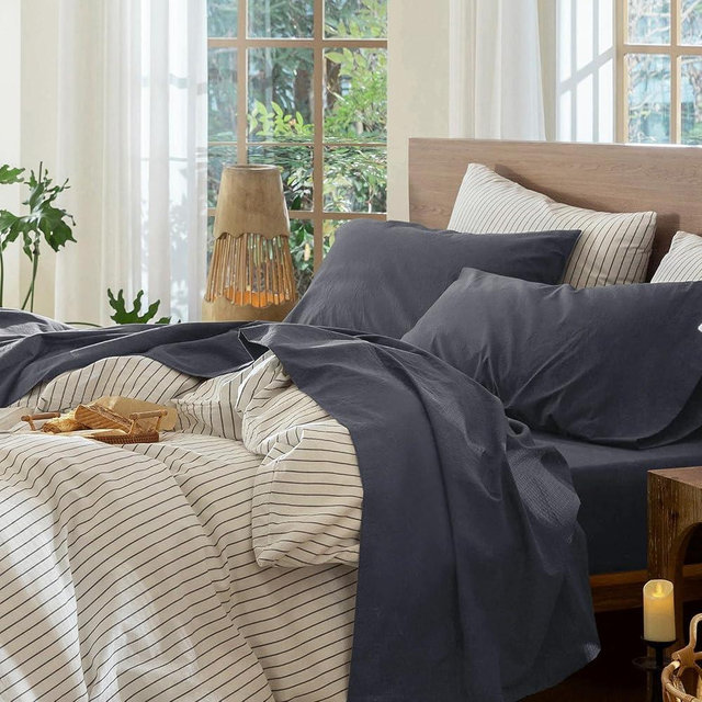 MooMee Bedding Sheet Set 100% Washed Cotton Linen Like Textured Breathable Durable Soft Comfy (Solid Deep Grey, Queen)