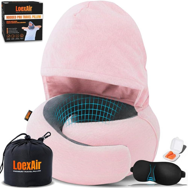 LOEXAIR™ Hooded Pro Travel Pillow - Memory Foam Neck Support Pillow for Airplane, Flight - Super-Soft Pure Cotton Fabric, Maximum Privacy & Light-Block Design, Lightweight Full Travel Kit- Sakura Pink
