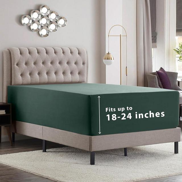 Empyrean Forest Green Fitted Sheet Extra Deep Pocket, Hotel Luxury Cal King Fitted Sheet Only Easily Fits 18 to 24 Inch Mattress, Super Soft, Wrinkle-Free, and Breathable with Corner Straps