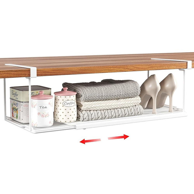 SHINEWON Expandable Under Cabinet Shelf, Extendable Under Shelf Storage With 0.94 Inches Thick Clips for Shoe Rack, Pantry Cabinet, Laundry Room. (White, 1 Pack, Interior: 6" H x 8.26" D)