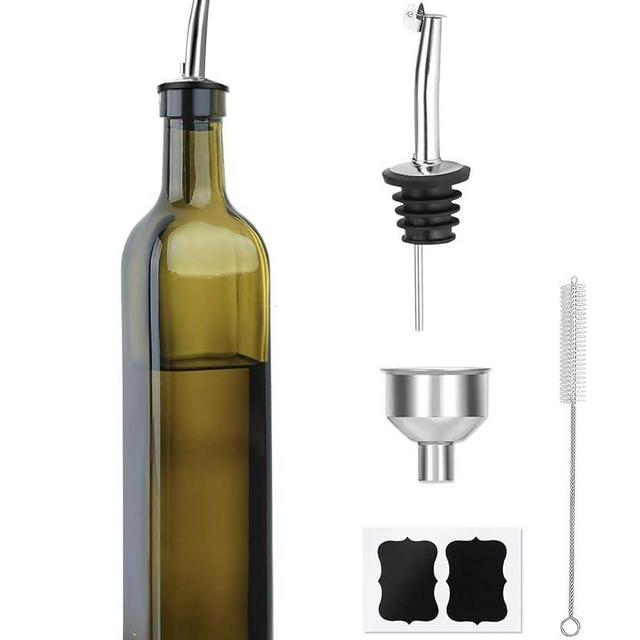 MEIDAYAI Olive Oil Dispenser Bottle, 1 Pcs Green Glass Oil and Vinegar Dispenser Set with 2 Stainless Steel Pourers, 2 Labels,1 Brush and 1 Funnel Oil Bottles for Kitchen（17oz/500ml）