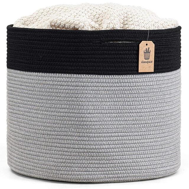 Goodpick Large Cotton Rope Basket 15.8"x15.8"x13.8"-Baby Laundry Basket Woven Blanket Basket Nursery Bin, Black