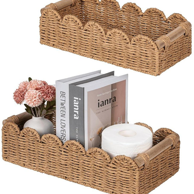 CubesLand Toilet Paper Storage Basket, Scalloped Edge Shelves Basket for Organizing for Over Toilet Tank Storage, Home Decor Baskets for Shelf, Countertop, Living Room, Bedroom, Handwoven, Neutral