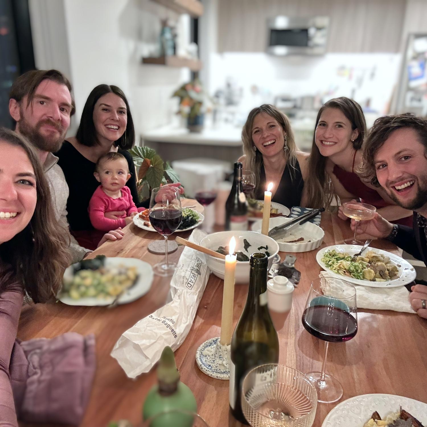 Dinner party with Clare, Doug, Meryl, Holliday, Wendy, Kels, and Willie