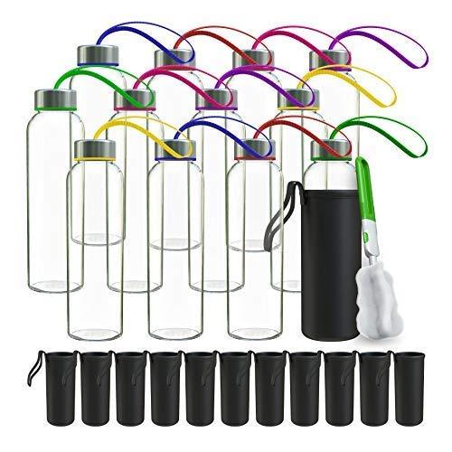 Chef's Star 18 Oz Glass Water Bottles, Glass Drinking Bottle with Protection Sleeve with Cleaning Brush, Juice Bottles with Stainless Steel Leak Proof Lids, Pack of 12