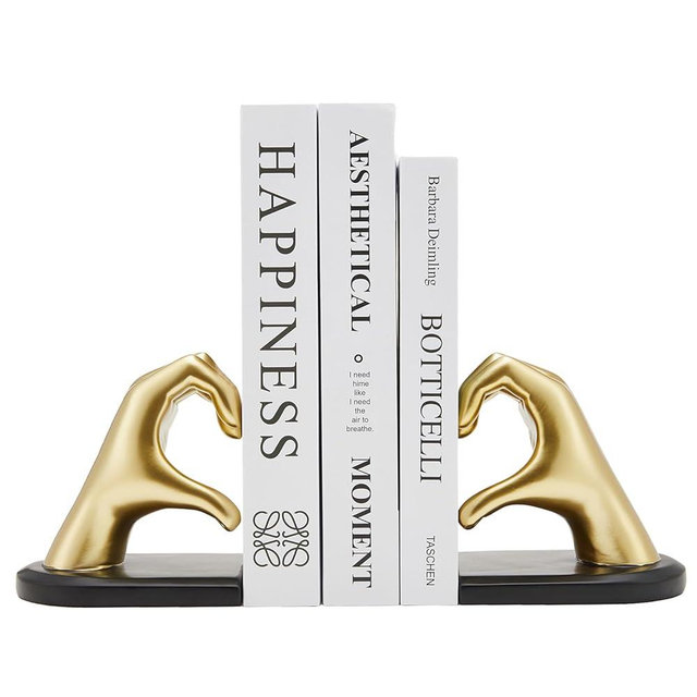 Xmeden Gold bookends, Heavy Duty Bookend Holder Decor, Golden Finger Heart Shaped Decor, Modern Art Sculpture, Finger Home Decoration, bookends Decorative, Boho Decor for Desktop Bedroom Study Room