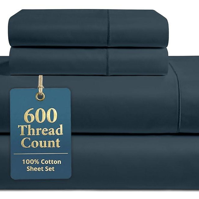 LANE LINEN 100% Cotton Sheets King Size – 600 Thread Count King Size Bed Sheets, Hotel Luxury Soft Silky Sateen Weave, Durable for Year Round Use, Fully Elasticized 15" Deep Pocket – Estate Blue