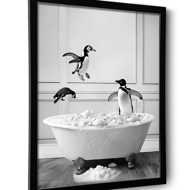 Ardakar Framed Bathroom Decor Wall Art, Black and White Bathroom Decor, Funny Wall Decoration Animal Penguin in Bathtub Posters, Cute Animal Wall Art for Kid's Room (Framed,8''x10'')