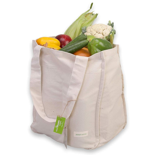 AMOUR INFINI Organic Cotton Grocery Bags with Bottle Sleeve - Set of 1 Foldable & Washable Shoulder Tote Bags with Reinforced Handles & Double-Stitched Arc Edges for Groceries & Everyday Use