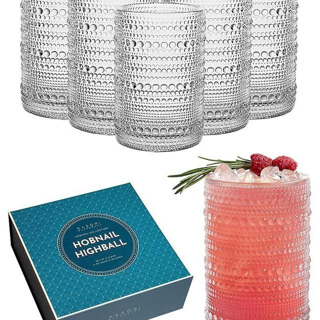 14 oz Hobnail Highball Glasses Set of 6 (Clear) - Embossed beaded Glassware Vintage XL Drinkware Double Old Fashioned Glass for Beverages, Cocktails, Margaritas, Beer, Juice, Water, Soda