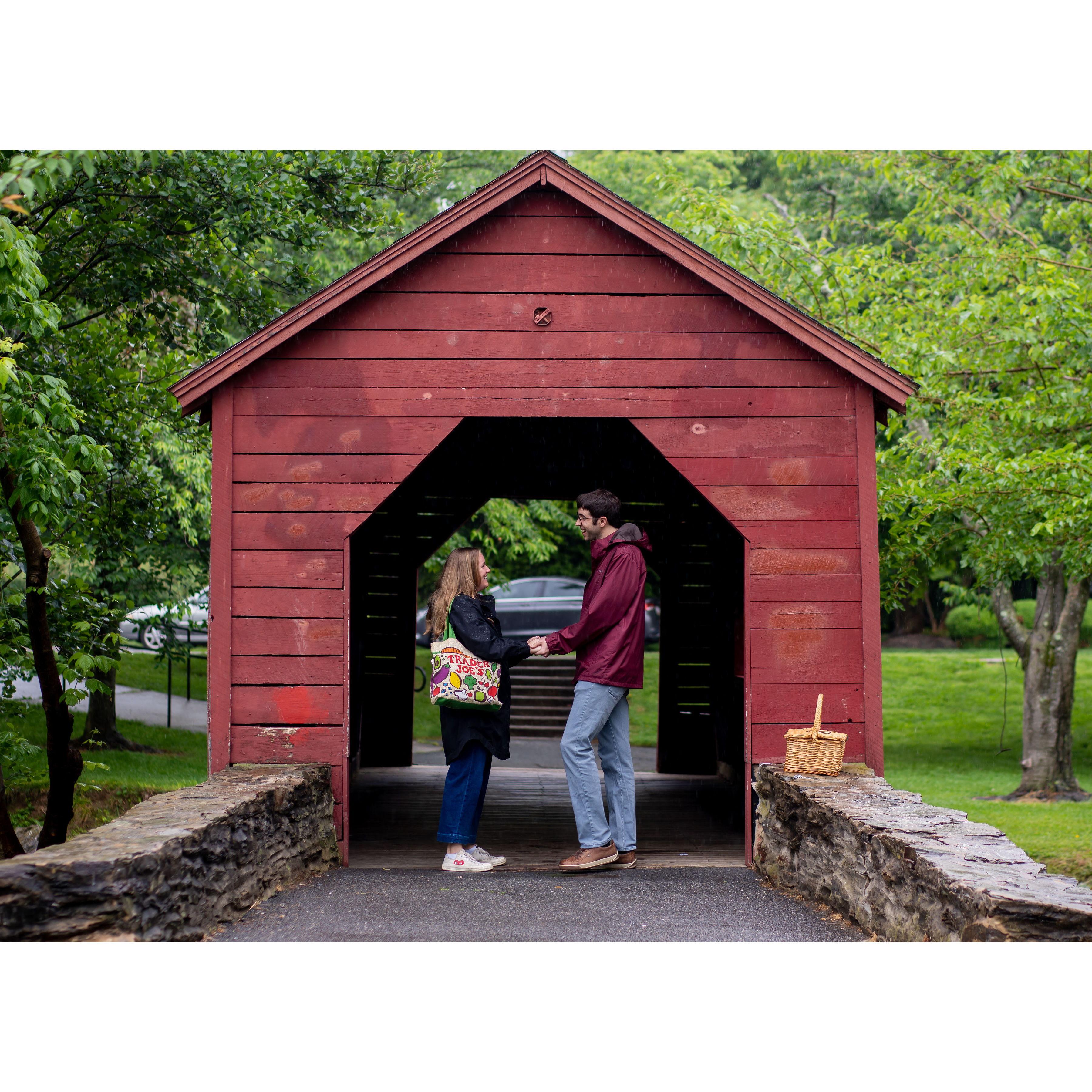 Alex proposed after a rainy day picnic under the most New-England-esque covered bridge he could find in Frederick, MD - one of our favorite places <3