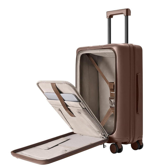 NINETYGO Carry On Luggage 22x14x9 Airline Approved, Top Opening 20 Inch Suitcase with Front Compartment, Expandable, Coffee-Infused PC Shell, Eco-Friendly, Cup Holder, TSA, Spinner Wheels (Latte)