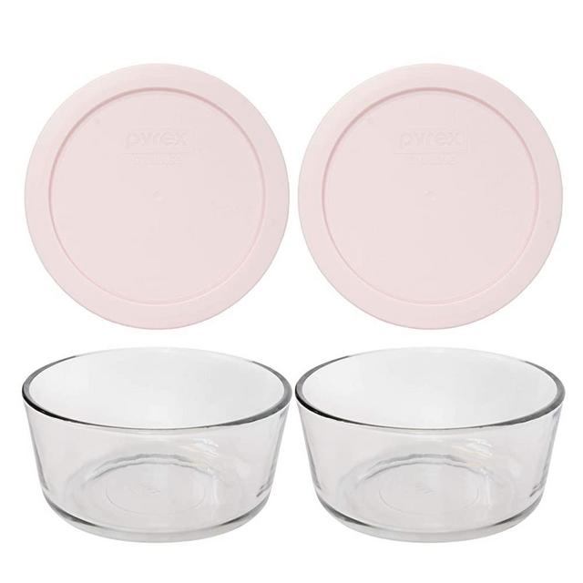 Pyrex (2) 7201 4 Cup Glass Dishes & (2) 7201-PC 4 Cup Loring Pink Lids