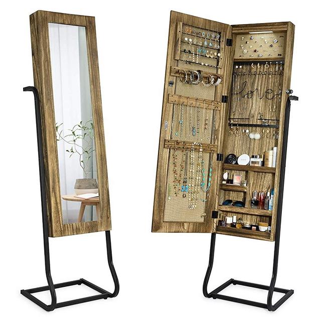SRIWATANA Jewelry Armoire Cabinet, Solid Wood Standing Jewelry Organizer with Full Length Mirror (Carbonized Black)
