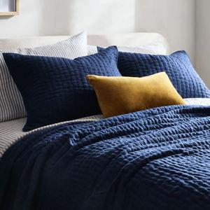 European Linen Cotton Stitch Quilt Set with Shams - Color: Navy Size: Queen
