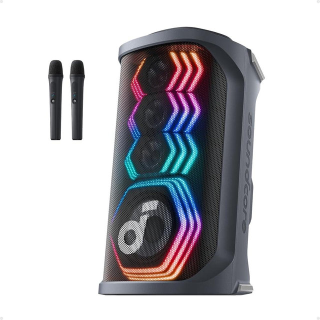 soundcore Rave 3S AI Party Speaker with 2 Wireless Microphones, 200W Sound, AI Vocal Removal, Reverb, Light Show, 12H Playtime, Portable Bluetooth PA System for Home, Party, or Backyard