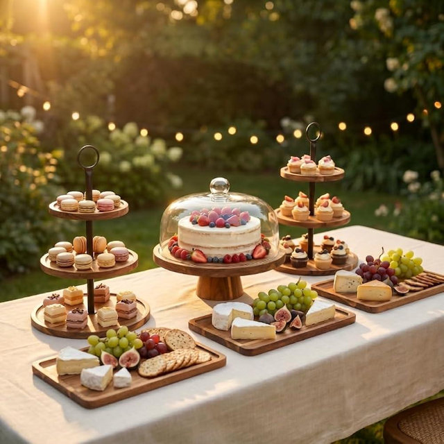6 Pcs Wooden Dessert Table Display Set,Acacia Wood Cake Stand with Dome Lid,2 Pcs 3-Tier Dessert Display Stands and 3 Serving Trays Hosting Essential for Wedding Birthday Party Baby Shower Christmas