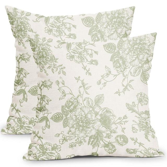 Vintage Floral Pillow Covers 18x18 Inch Set of 2 Sage Green and Cream Floral Throw Pillow Covers Chinoiserie Flower Pillowcases Rustic Farmhouse Cotton Linen Cushion Covers for Couch Bed Sofa Decor
