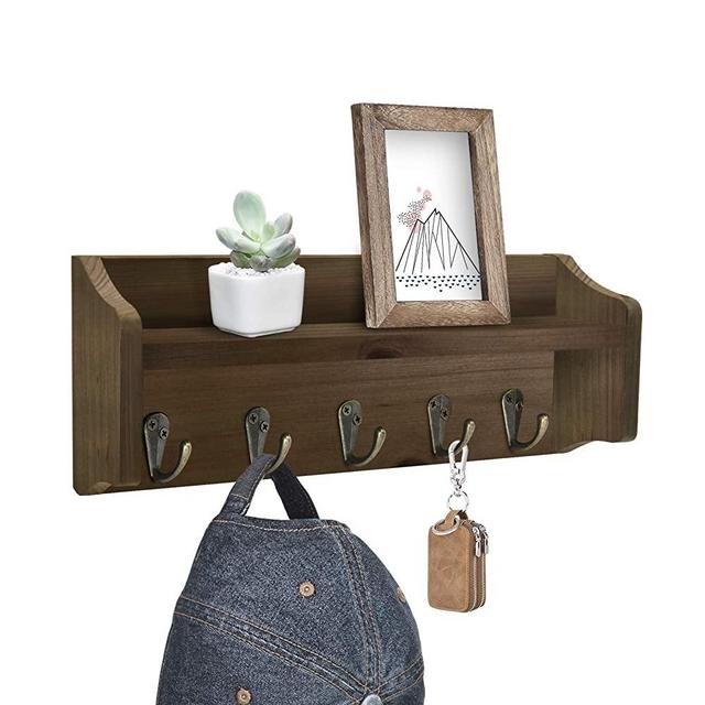Key Holder Wall Mounted Entryway Shelf, Key Hooks for Organizer with Floating Shelf and 5 Key Hanging, Wood Rustic Key Rack with Upper Shelf Storage for Entryway Office Hallway Home Decor