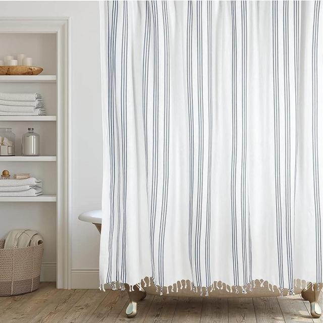 HALL & PERRY Shower Curtain Vertical Stripe in Chambray Blue -72" x 72" Length