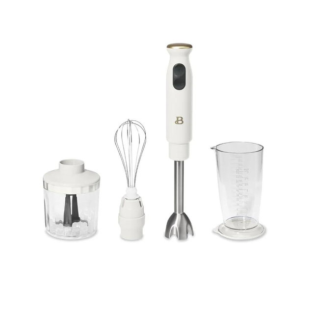 Beautiful 2-Speed Immersion Blender with Chopper & Measuring Cup, Stainless Steel Shaft, Quiet 250W Motor, Cornflower Blue Finish, Dishwasher Safe, Includes Whisk & 24 oz Beaker (White Icing)