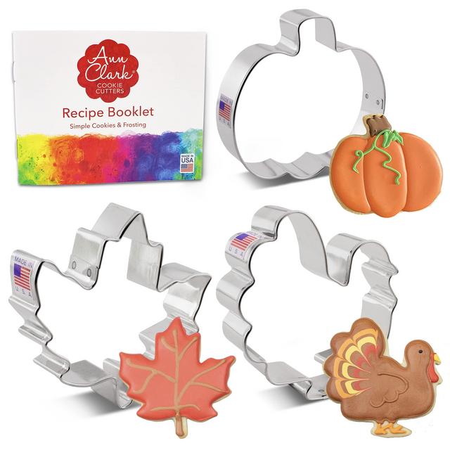 Thanksgiving and Fall Holiday Cookie Cutter Set 3-Pc. with Recipe Booklet, Maple Leaf, Turkey, Pumpkin Made in USA by Ann Clark Cookie Cutters