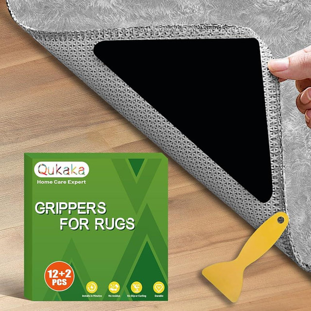Qukaka 12+2PCS Non Skid Rug Backing for Hardwood Floors and Tiles,Reusable and Washable Non Slip Rug Pads,Rug Tape Hardwood Floor No Damage,Home Decor Apartment Essentials Carpet Tape for Area Rugs