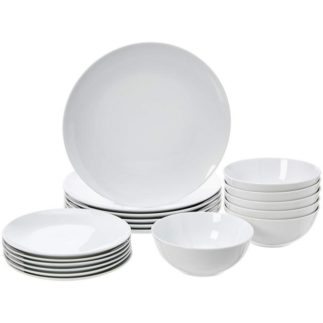 Amazon Basics 18-Piece Kitchen Dinnerware Set, Plates, Dishes, Bowls, Service for 6, White Porcelain Coupe