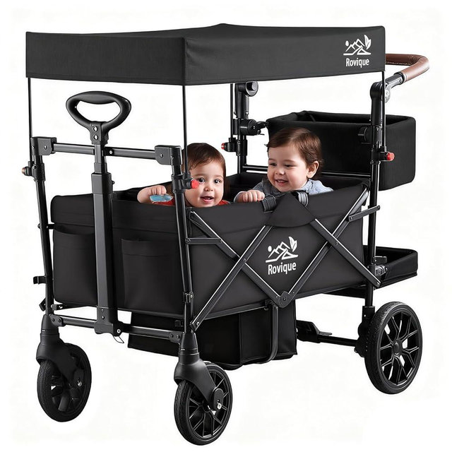 Wagon Stroller for 2 Kids, Premium Stroller Wagon for Kids with Removable Canopy, Safety Harness, Adjustable Handlebar & Storage Organizer, All-Terrain Foldable Baby Wagon for Outdoors