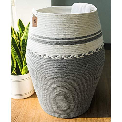 Goodpick Laundry Hamper | Dirty Clothes Hamper | Woven Cotton Rope Tall Laundry Basket, Modern Curver Bucket Bedroom 25.6" Height Grey