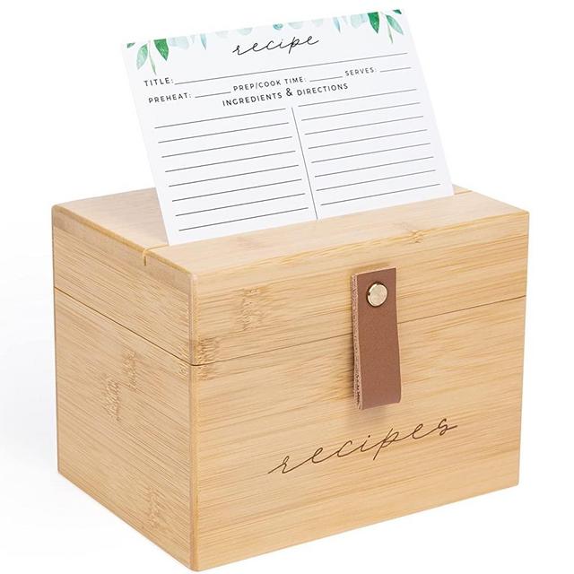 Pera Blanca Recipe Box with Cards and Dividers | Recipe Card Box Faux Leather Handle | 50 Eucalyptus Patterned Recipe Cards and Box Set | Wooden Recipe Box | Housewarming Gifts | Wood Recipe Box 4x6