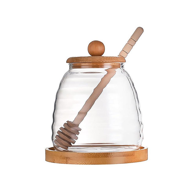16.7 Oz Glass Honey Jar with Dipper and bamboo Lid Honey Pot Honey Container Holder Syrup Dispenser for Home Kitchen