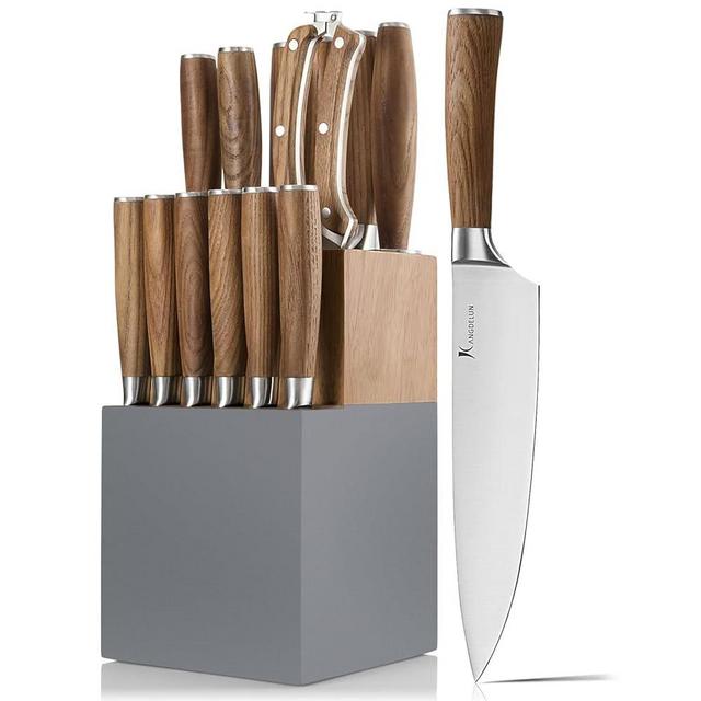 Kangdelun Natura Series 15 PCS Knife Block Set, Ultra Sharp High Carbon Stainless Steel with Wooden Handle