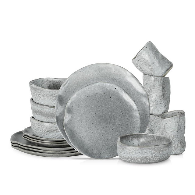 Stone by Mercer Project Atik Modern Stoneware 16-Piece Dinnerware Set, Plate and Bowl Set, Dish set for 4, Grey Speckled